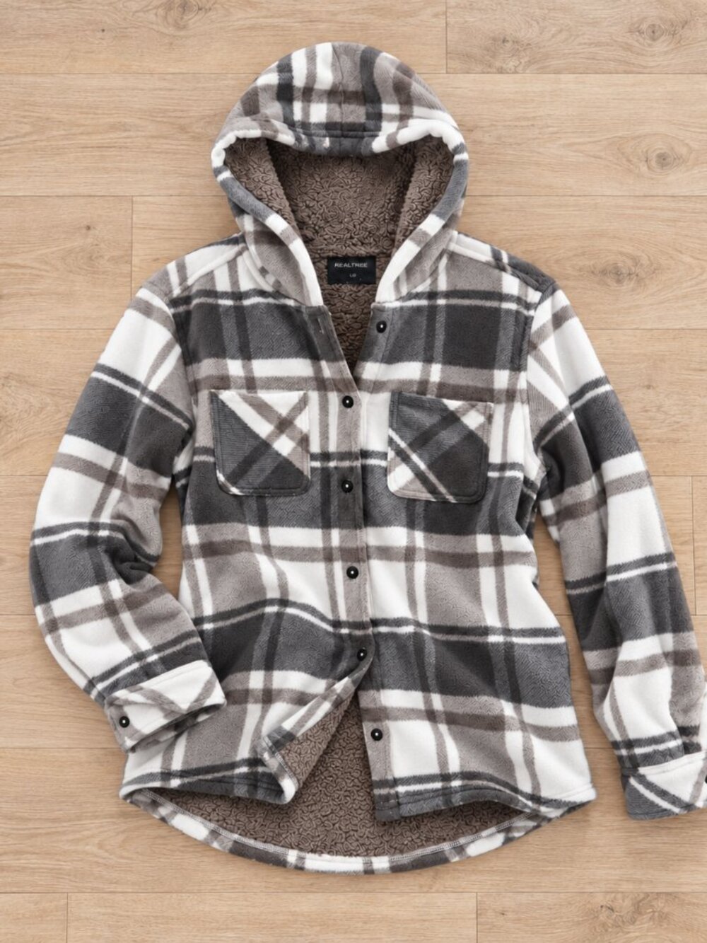 Realtree, Shacket, Sherpa-Lined with Hood, Charcoal Plaid Size Small